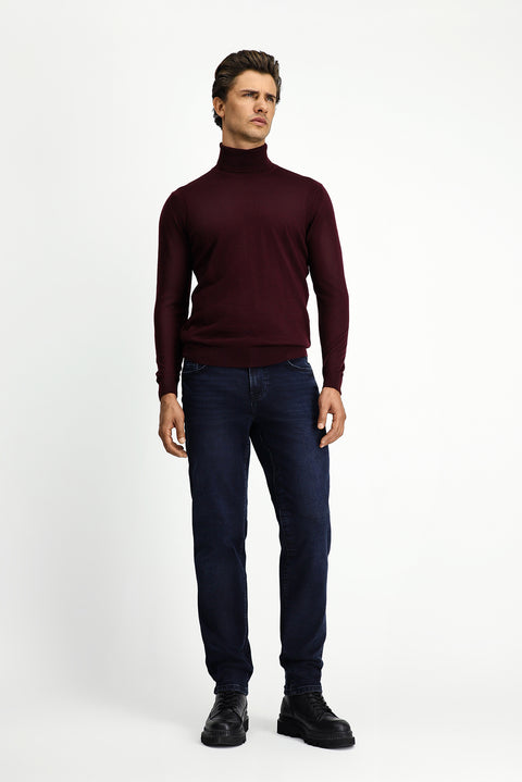 Dark Burgundy Turtleneck Regular Fit Wool Knit Sweater