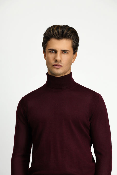 Dark Burgundy Turtleneck Regular Fit Wool Knit Sweater