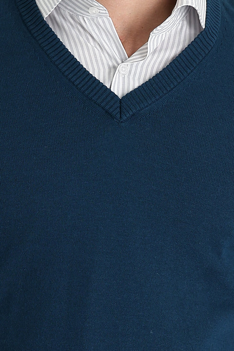 Medium Petrol V-Neck Regular Fit Cotton Knit Sweater