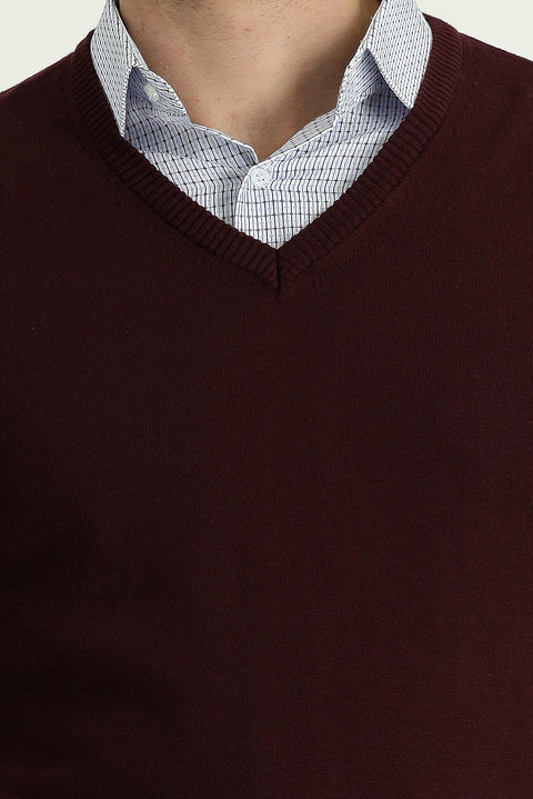 Dark Burgundy V-Neck Cotton Knit Sweater