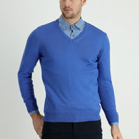 Dark Blue V-Neck Slim Fit Narrow Cut Cotton Knit Sweater