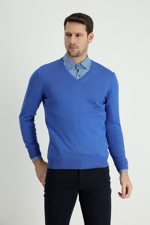 Dark Blue V-Neck Slim Fit Narrow Cut Cotton Knit Sweater