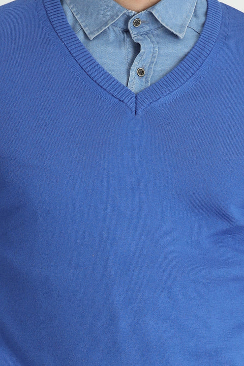 Dark Blue V-Neck Slim Fit Narrow Cut Cotton Knit Sweater