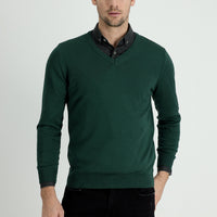 Forest Green V-Neck Slim Fit Narrow Cut Cotton Knit Sweater