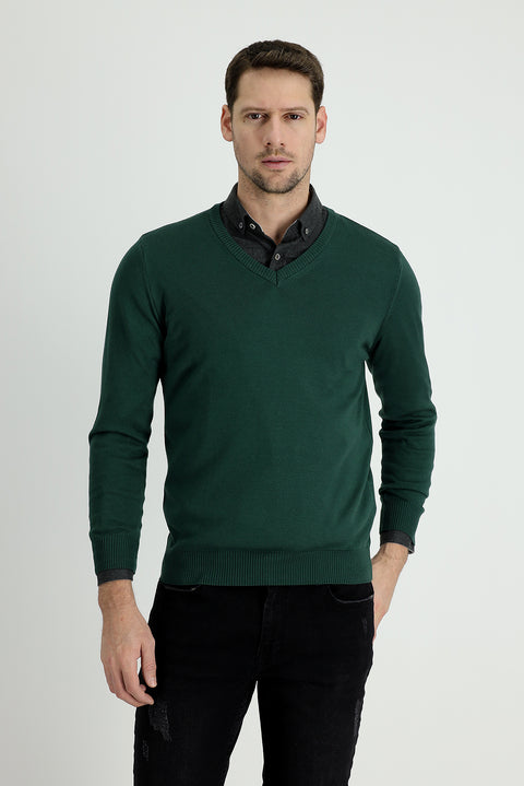 Forest Green V-Neck Slim Fit Narrow Cut Cotton Knit Sweater