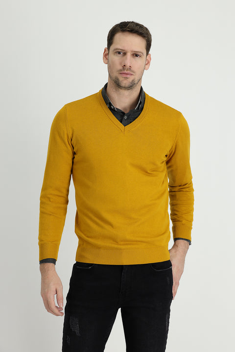 Mustard Yellow V-Neck Regular Fit Cotton Knit Sweater