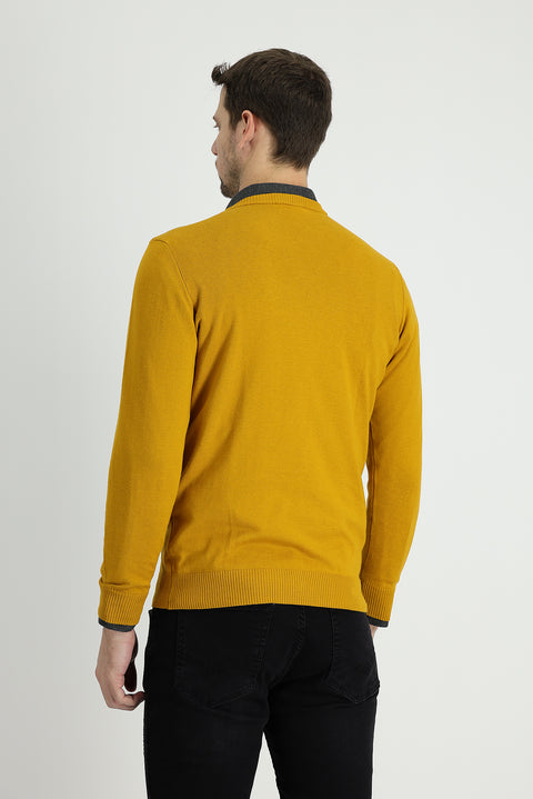 Mustard Yellow V-Neck Regular Fit Cotton Knit Sweater