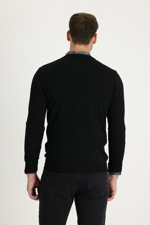 Siyah V Yaka Regular Fit Triko Kazak