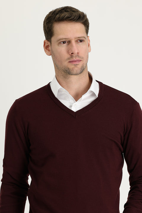 Dark Claret Red V-Neck Regular Fit Knitwear Sweater