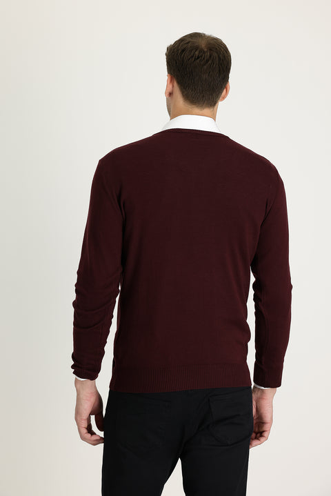 Dark Claret Red V-Neck Regular Fit Knitwear Sweater