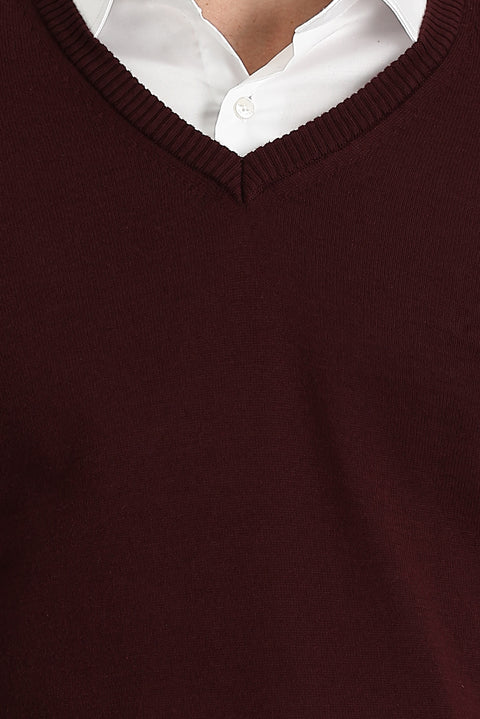 Dark Claret Red V-Neck Regular Fit Knitwear Sweater