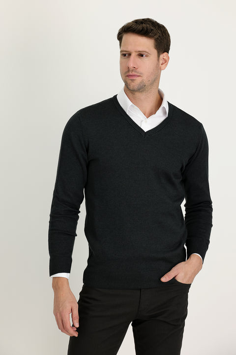 Dark Anthracite V-Neck Regular Fit Knitwear Sweater
