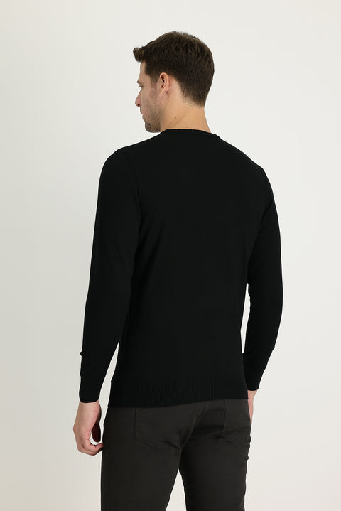 Black Crew Neck Regular Fit Cotton Knit Sweater