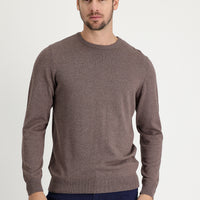 Light Brown Melange Crew Neck Regular Fit Cotton Knit Sweater