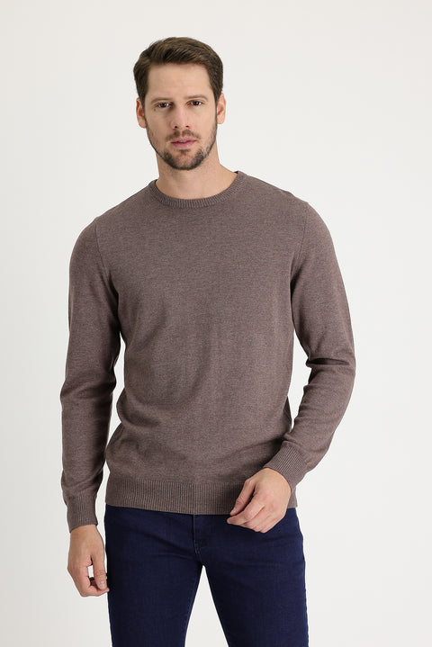 Light Brown Melange Crew Neck Regular Fit Cotton Knit Sweater