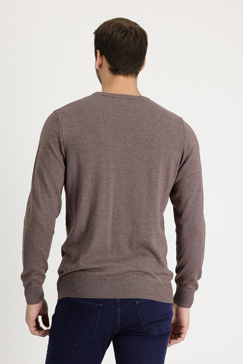 Light Brown Melange Crew Neck Regular Fit Cotton Knit Sweater
