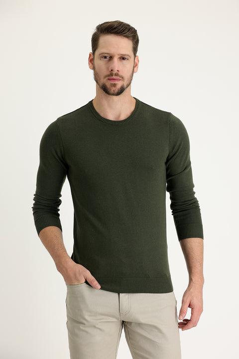 Medium Khaki Crew Neck Regular Fit Cotton Knit Sweater