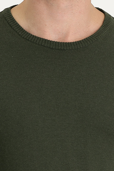 Medium Khaki Crew Neck Regular Fit Cotton Knit Sweater