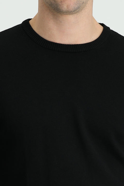 Siyah Bisiklet Yaka Slim Fit Dar Kesim Pamuklu Triko Kazak
