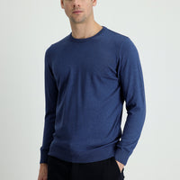 Indigo Melange Crew Neck Slim Fit Narrow Cut Cotton Knit Sweater