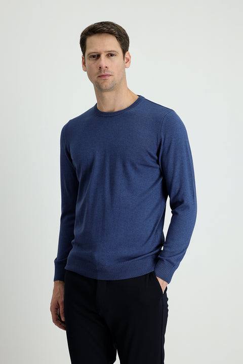 Indigo Melange Crew Neck Slim Fit Narrow Cut Cotton Knit Sweater