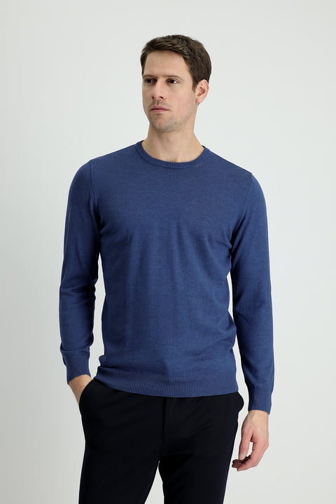 Indigo Melange Crew Neck Slim Fit Narrow Cut Cotton Knit Sweater