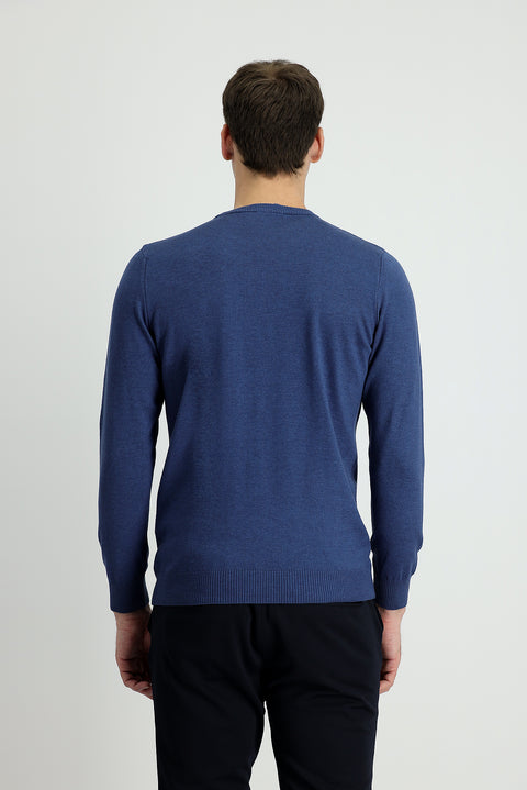 Indigo Melange Crew Neck Slim Fit Narrow Cut Cotton Knit Sweater