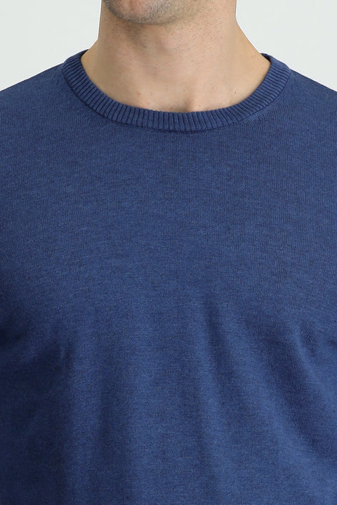 Indigo Melange Crew Neck Slim Fit Narrow Cut Cotton Knit Sweater