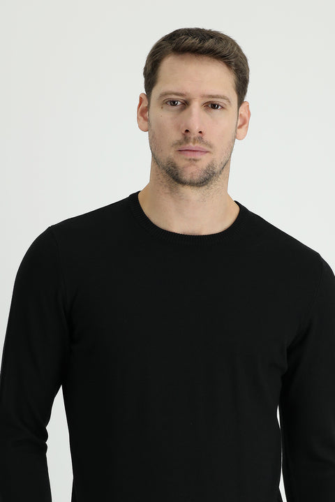Black Crew Neck Regular Fit Cotton Knit Sweater