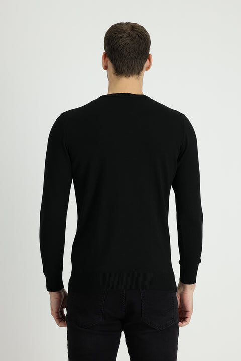 Black Crew Neck Regular Fit Cotton Knit Sweater