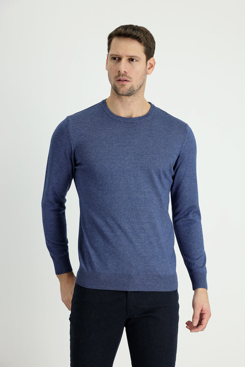Indigo Melange Crew Neck Regular Fit Cotton Knit Sweater