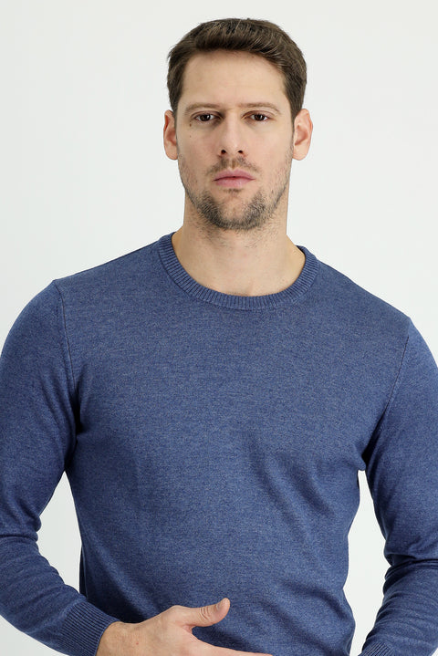 Indigo Melange Crew Neck Regular Fit Cotton Knit Sweater