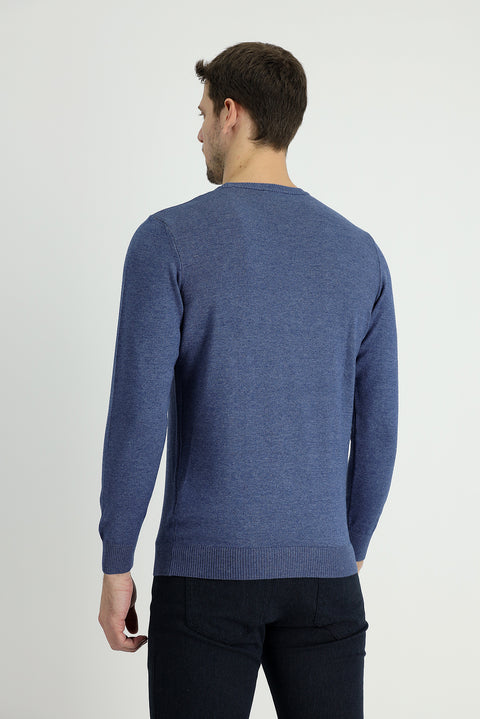 Indigo Melange Crew Neck Regular Fit Cotton Knit Sweater