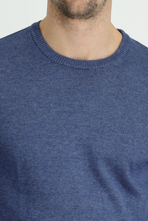 Indigo Melange Crew Neck Regular Fit Cotton Knit Sweater