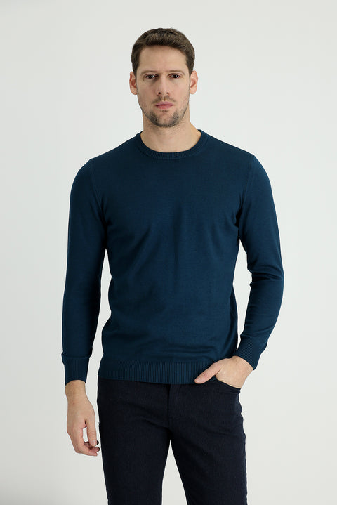 Medium Petrol Crew Neck Regular Fit Cotton Knit Sweater