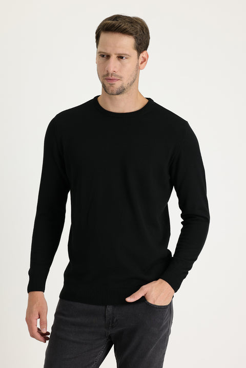 Black Crew Neck Regular Fit Knitted Sweater