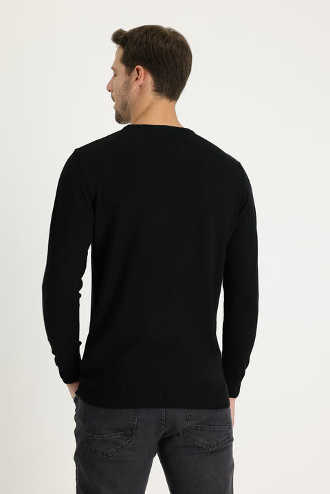 Black Crew Neck Regular Fit Knitted Sweater