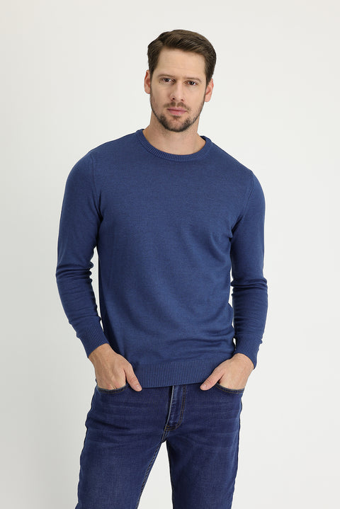 Indigo Melange Crew Neck Regular Fit Knitted Sweater