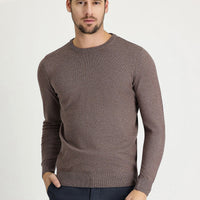 Light Brown Melange Crew Neck Regular Fit Cotton Knit Sweater