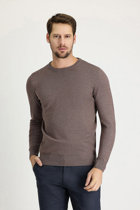 Light Brown Melange Crew Neck Regular Fit Cotton Knit Sweater