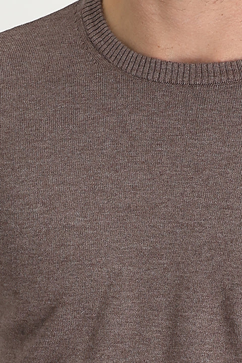 Light Brown Melange Crew Neck Regular Fit Cotton Knit Sweater