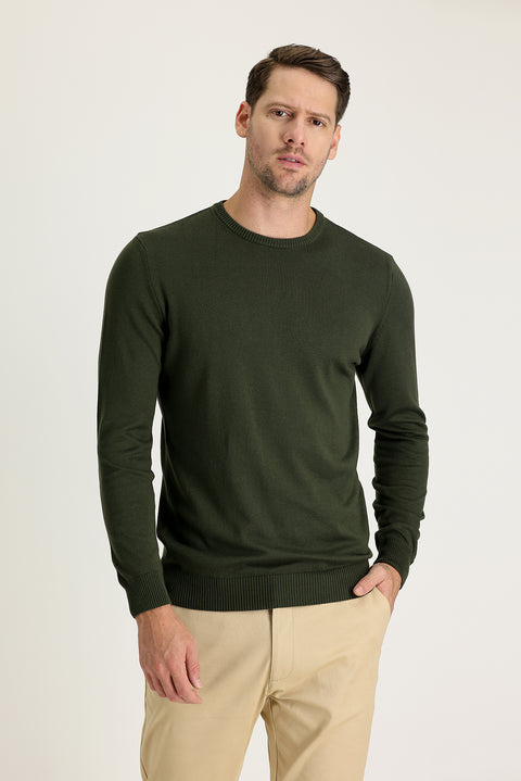 Medium Khaki Crew Neck Regular Fit Knitted Sweater