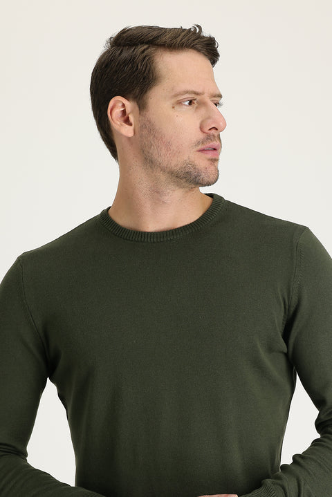 Medium Khaki Crew Neck Regular Fit Knitted Sweater