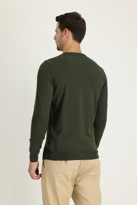 Medium Khaki Crew Neck Regular Fit Knitted Sweater