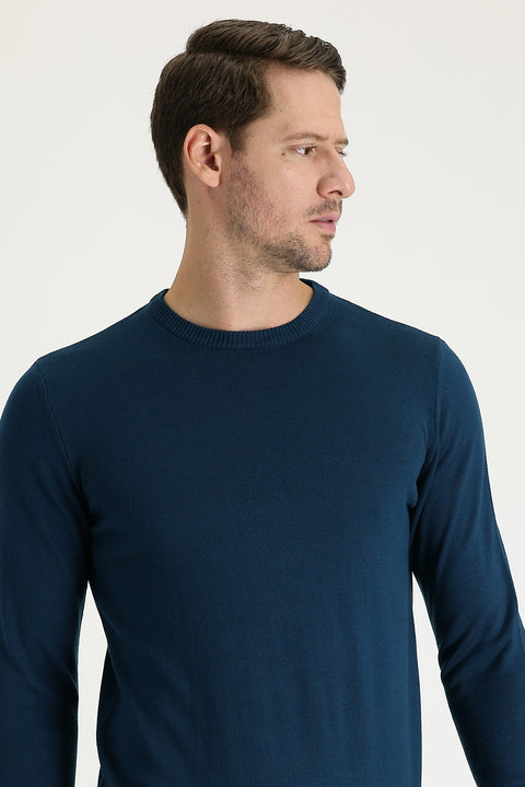 Medium Petrol Bicycle Collar Regular Fit Knitted Sweater