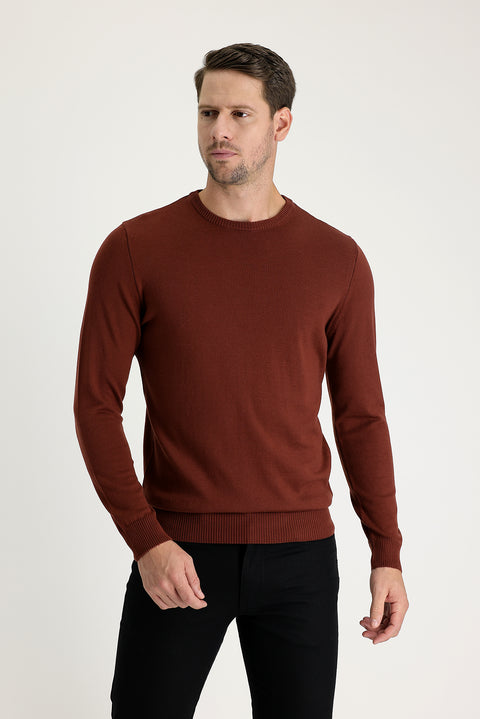 Tile-Colored Crew Neck Regular Fit Knitted Sweater