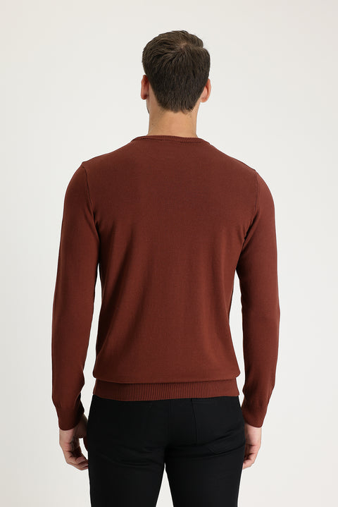 Tile-Colored Crew Neck Regular Fit Knitted Sweater