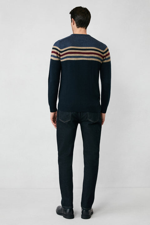 Dark Navy Blue Crew Neck Slim Fit Patterned Knitwear Sweater