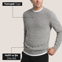 Orta Gri Bisiklet Yaka Slim Fit Dar Kesim Desenli Triko Kazak