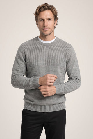 Orta Gri Bisiklet Yaka Slim Fit Dar Kesim Desenli Triko Kazak